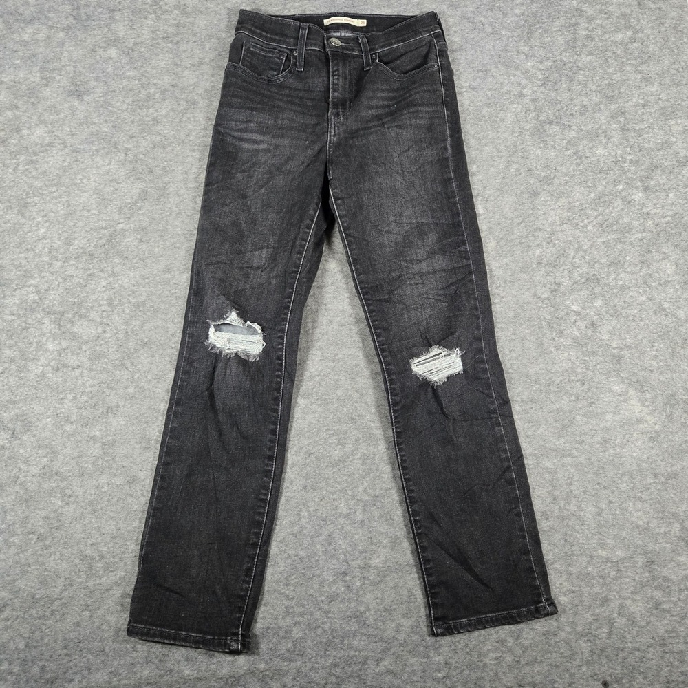 Levi's Womens Black 724 High Rise Straight Distressed Jeans 25
